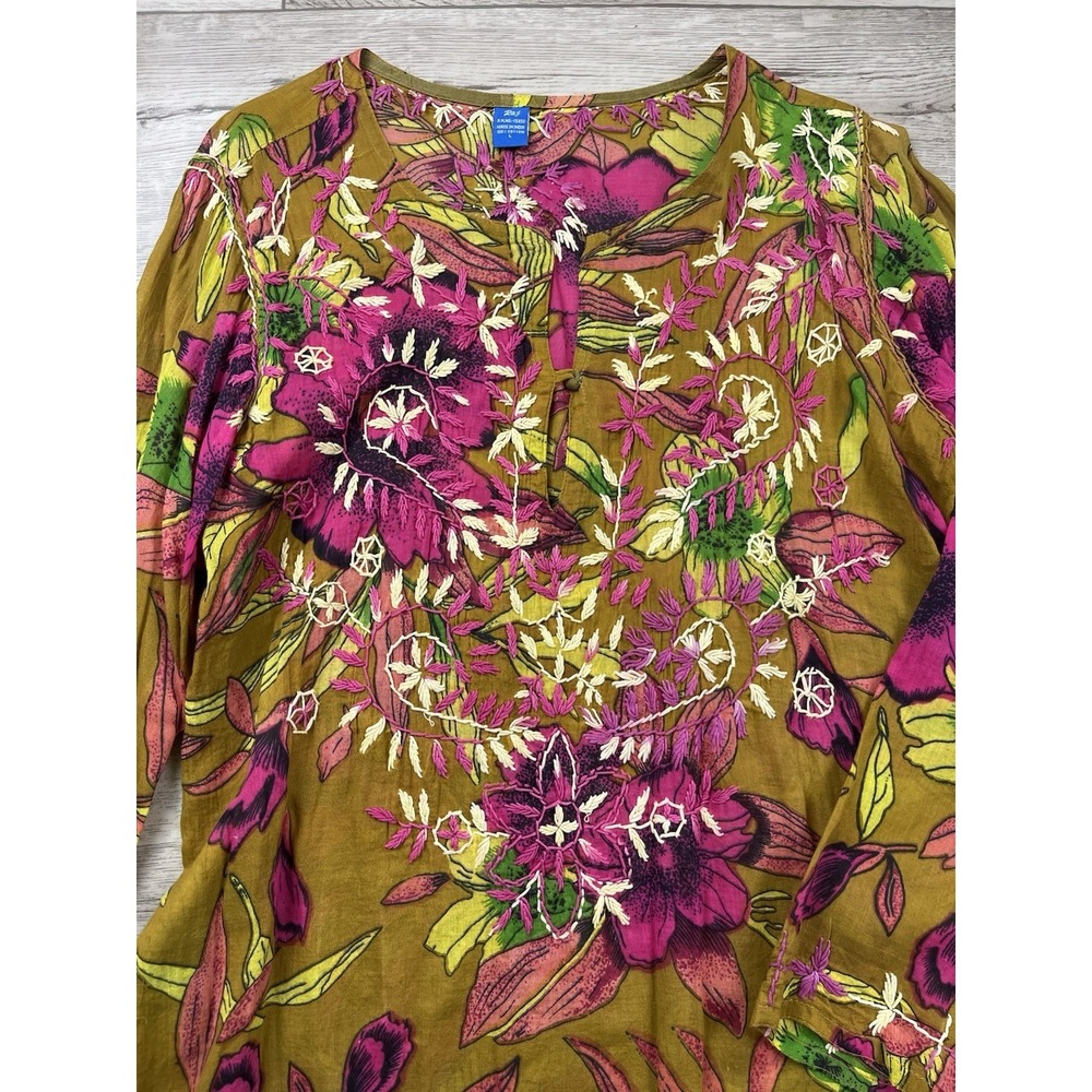 Raj Tunic Dress Women's Size Large Multi Color Floral Cotton Embroidered Kaftan - Picture 3 of 13